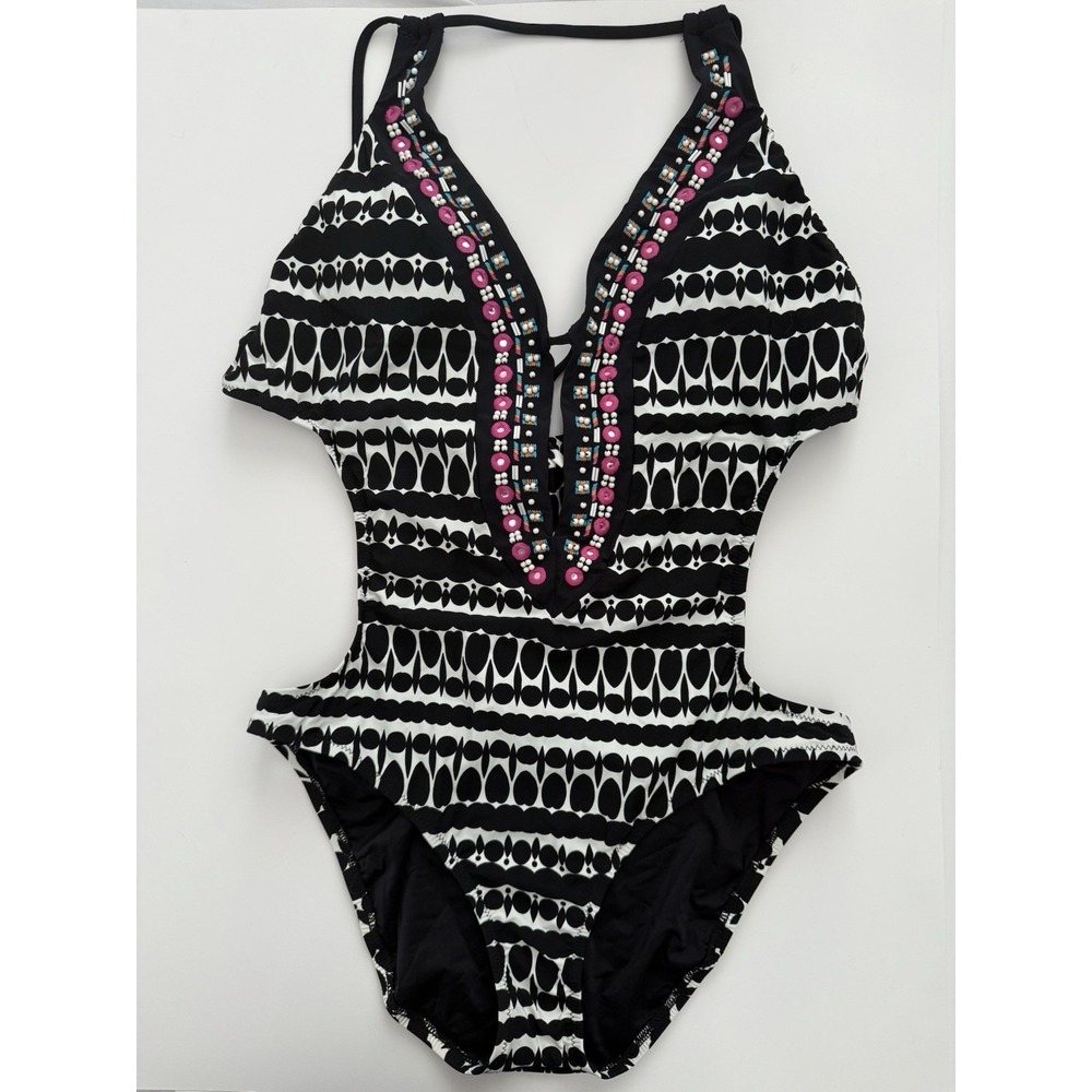 Nanette Lepore Grand Bazaar Seductress Monokini Beaded Plunge Cutout Halter L - Picture 10 of 10